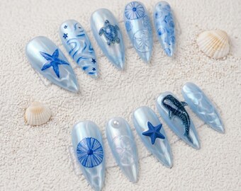 Ocean Press On Nails, Mermaid Chrome Nails, Sea Life Nail Set, Blue Pearl Stiletto Nails, Summer Beach Nails 031379