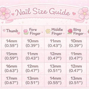 May include: A pink and white nail size guide with measurements in inches and millimeters. The guide includes sizes XS, S, M, and L, with corresponding thumb, fore, middle, ring, and little finger measurements.