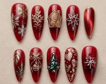 Christmas Red Press On Nails – 3D Holiday Nail Set, Snowflake, Gift, Tree Design, Gold Detail, Almond Shape, Reusable Handmade Nails 031199