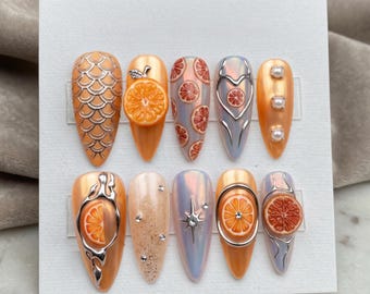 Kawaii Dessert Cat Press On Nails, 3D Strawberry Banana Nails, Cute Yellow Nail Set 031298