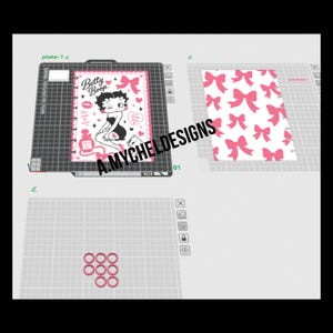 May include: A digital design layout featuring a Betty Boop graphic on a white rectangular sheet with pink accents, a matching pink bow pattern on a second sheet, and six small pink circular rings arranged in a grid on a gray grid background.