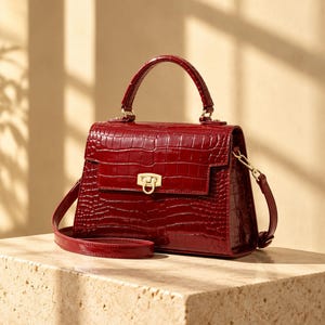 Peut inclure: Un sac à main rouge foncé avec une texture brillante gaufrée façon crocodile. Le sac présente une poignée supérieure structurée, une bandoulière amovible et un fermoir en métal doré sur le rabat avant. Le design inclut des lignes épurées.