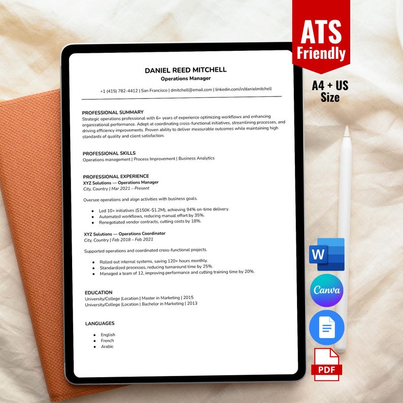ATS Friendly Professional Resume Template Word, Canva CV Template, Word ...
