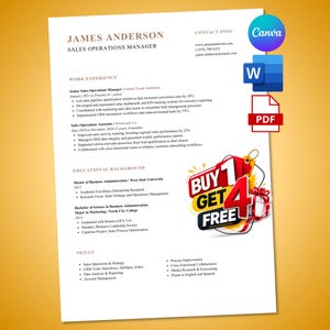 Peut inclure: Un curriculum vitae pour James Anderson, Sales Operations Manager, avec expérience professionnelle, formation et compétences. Comprend un graphique promotionnel "Achetez 1, obtenez-en 4 gratuits" et des icônes Canva, Word et PDF.