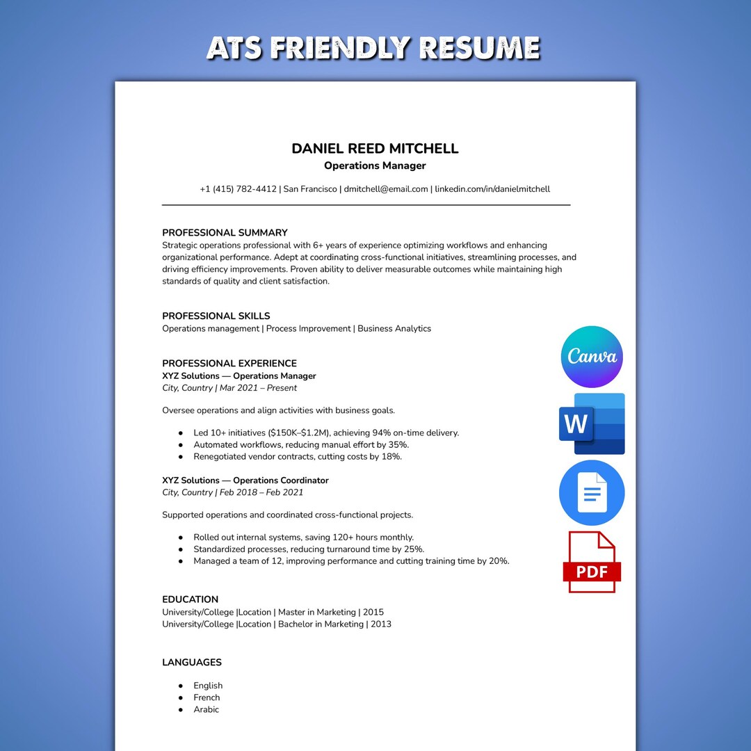 ATS Friendly Resume Canva Template for Word, Pages and Google Docs ...