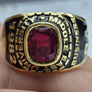 Personalized 1982 University Class Ring, Custom Ruby Red Gemstone, High School Logo Keepsake