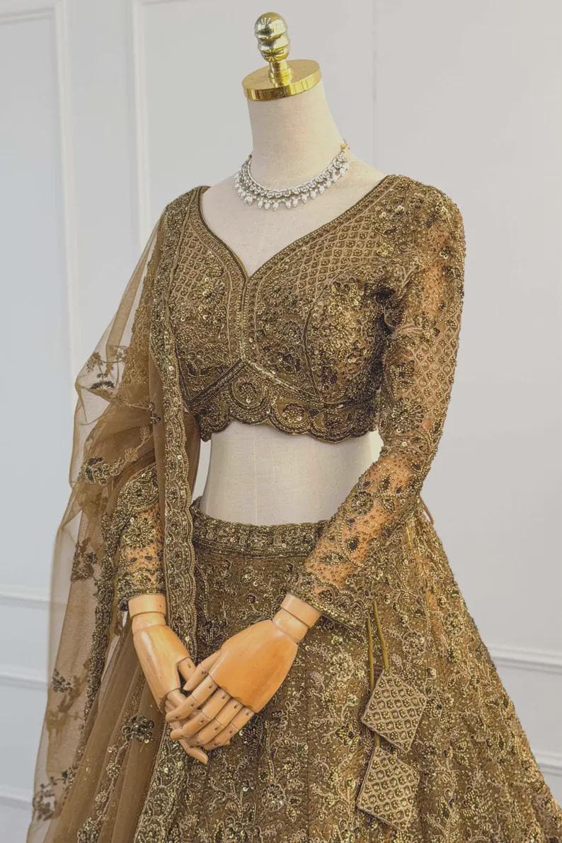 Golden Sequin Lehenga Choli Blended Raw Silk, Padded Blouse, Lace Dupatta