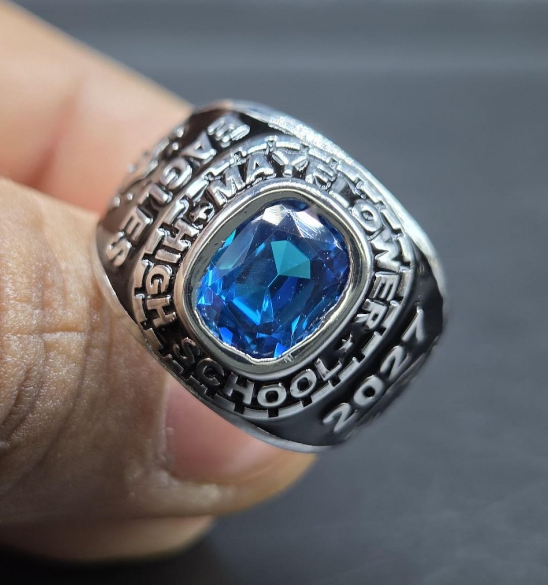 Personalized High School Class Ring 2027, Blue Cushion Cut Stone ...