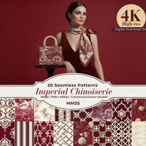 May include: A woman in a burgundy dress and scarf poses with a handbag. The handbag and scarf feature a red and white toile pattern. The image includes the text "20 Seamless Patterns Imperial Chinoiserie" and "4K High-res Digital Download Only."