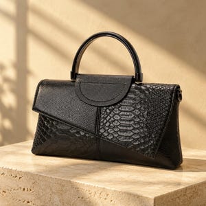 Può includere: Una borsa a mano nera con un manico superiore strutturato e chiusura a patta. L'esterno è realizzato con una combinazione di pelle martellata testurizzata e pannelli con un motivo in rilievo simile alla pelle di serpente, dal design geometrico.