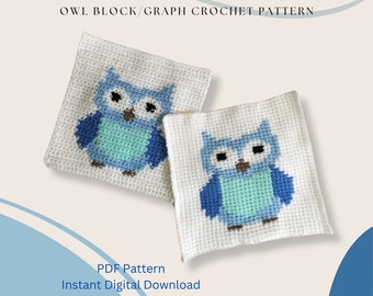 Owl Block Graph Crochet Pattern, Single Crochet, Tunisian Simple Stitch, TSS, Digital Download, PDF Pattern