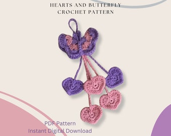 Hearts and Butterfly Ornament Crochet Pattern, DIGITAL DOWNLOAD, PDF Pattern