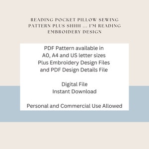 Reading Pocket Pillow Sewing Pattern, Plus Shhh ... I'm reading Embroidery Design, Digital Download, PDF Pattern, A0, A4, US Letter