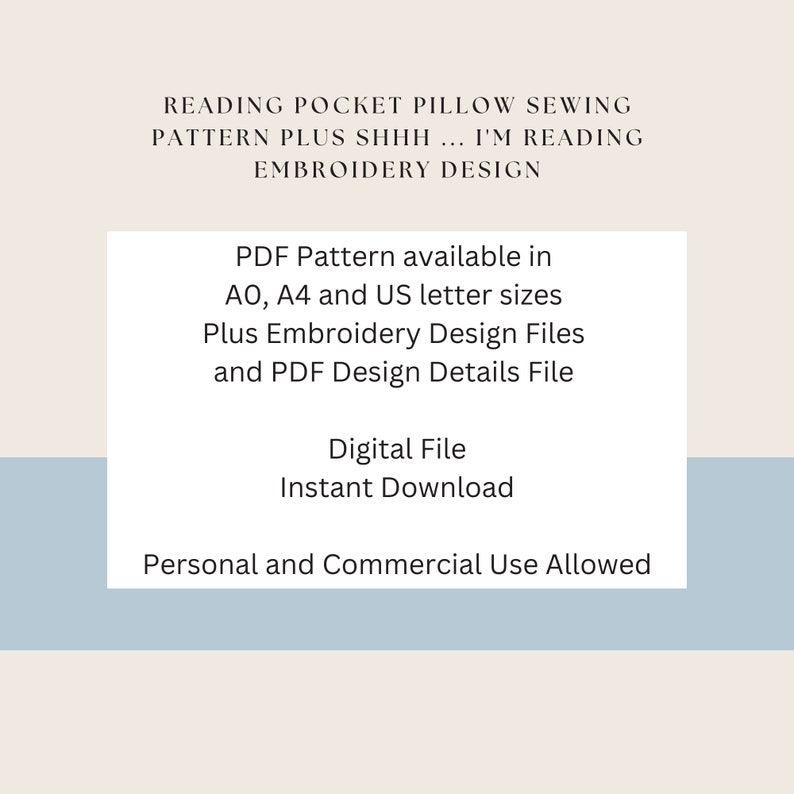 Reading Pocket Pillow Sewing Pattern, Plus Shhh ... I'm reading Embroidery Design, Digital Download, PDF Pattern, A0, A4, US Letter