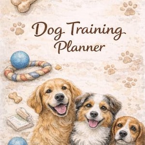 Könnte beinhalten: Aquarell-Illustration eines "Dog Training Planner" mit Knochen, Pfotenabdrücken und Hundespielzeug. Vier Hunde verschiedener Rassen sind abgebildet, darunter ein Golden Retriever und ein Beagle. Der Titel des Planers ist in einer Schreibschrift gehalten.