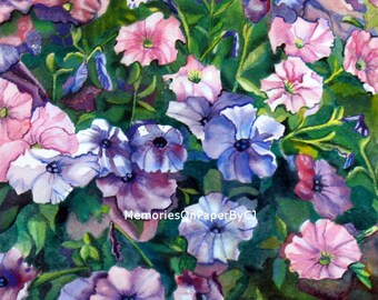 Floral Framed Watercolor Painting Pink Green Purple Flowers for Mom - Light and Dark Petunias Hand Painted Wall Art home decor she room