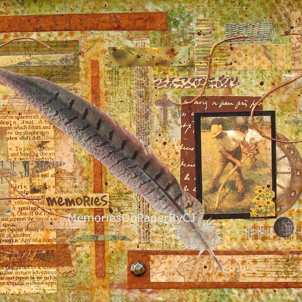 Mixed Media Original Collage Decorator's Wall Art Hand painted Memories golds tan browns feather brads