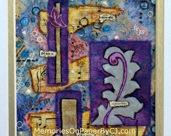 Origina Mixed Medial Collage Wall Art Decoration Music Lover's Music in Purple Blue and Gold Great on an Easel in a Small Space