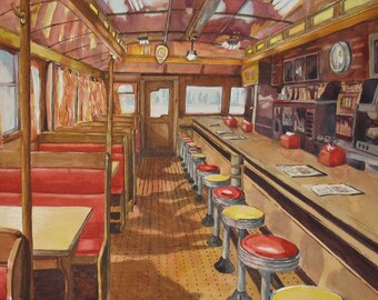 Watercolor wall art Vacation Memories Vermont Travel Diner Colorful Original One of a Kind Watercolor Memories Red Gold Train Car Nostalgia
