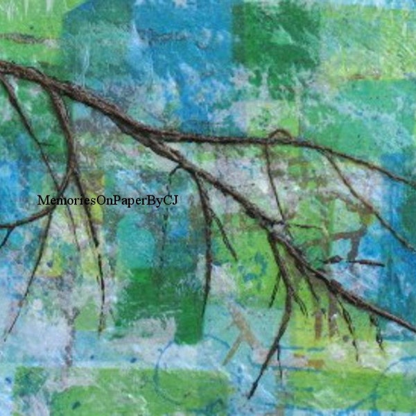 Mixed Media Artwork Nature Blue Green Brown Tree Branch Texture Original artwork Branching Out Decorator Art Wall Decor Living or Bedroom