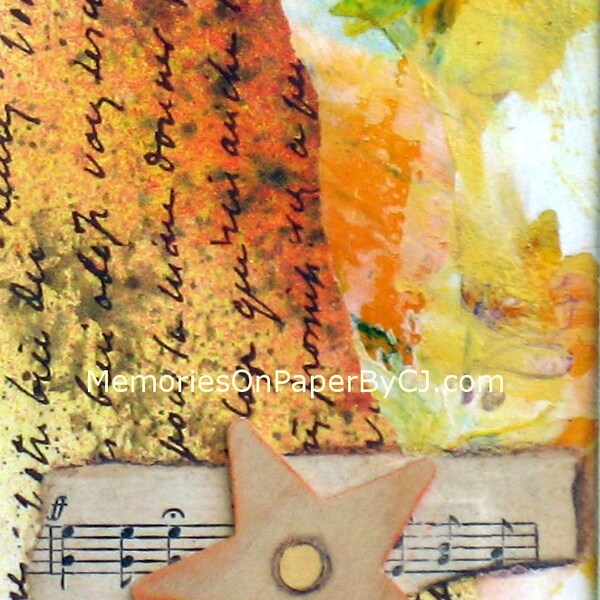 Thank You Gift Star Music Abstract Yellow Orange Mixed Media Collage Writing Cheerful Best Friend Artwork  Teacher Wall Art Decorative Art