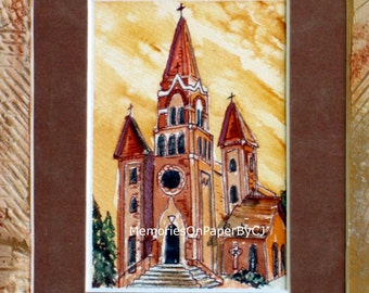 Watercolor Handmade Church Painting Warm Colors Gold Orange Brown Yellow Highly Textured Mat Surround Spiritual Majestic Peaceful Decor