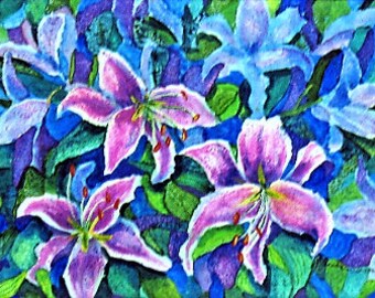 Lilies Acrylic on Canvas Garden Art Interior Design Pink Green Blue Gift for Mother Grandmother Nature Stargazer Lilies Realistic Joyful