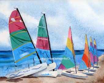 Sailing Summer on the lake Day at the beach Father's Day gift - Colorful Boats ready for a day of family fun - watercolor - great gift