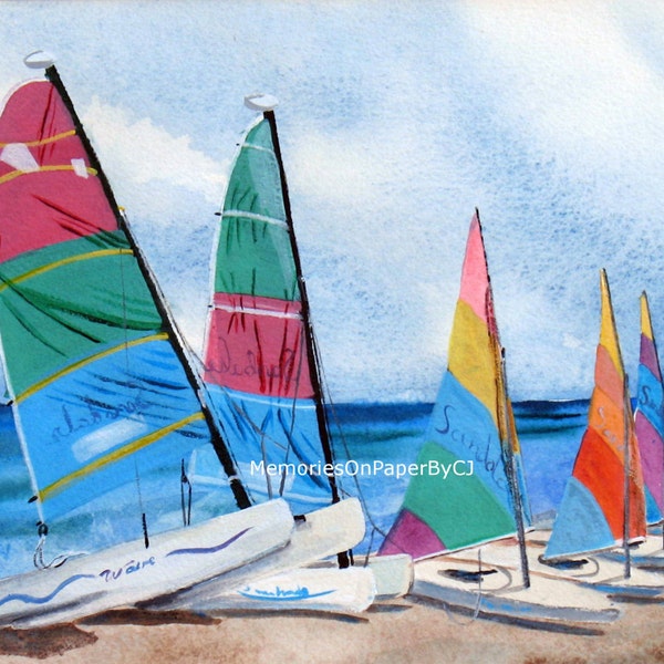 Sailing Summer on the lake Day at the beach Father's Day gift - Colorful Boats ready for a day of family fun - watercolor - great gift