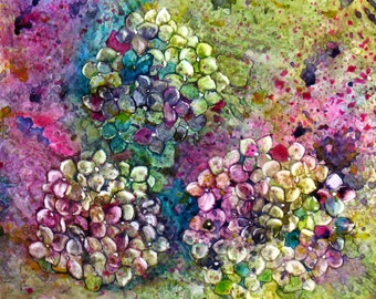 Watercolor Mom's flowers Hydrangeas multi-colored painting Yupo Paper Bright Exciting Shape Color & Texture Memories On Paper Joyful