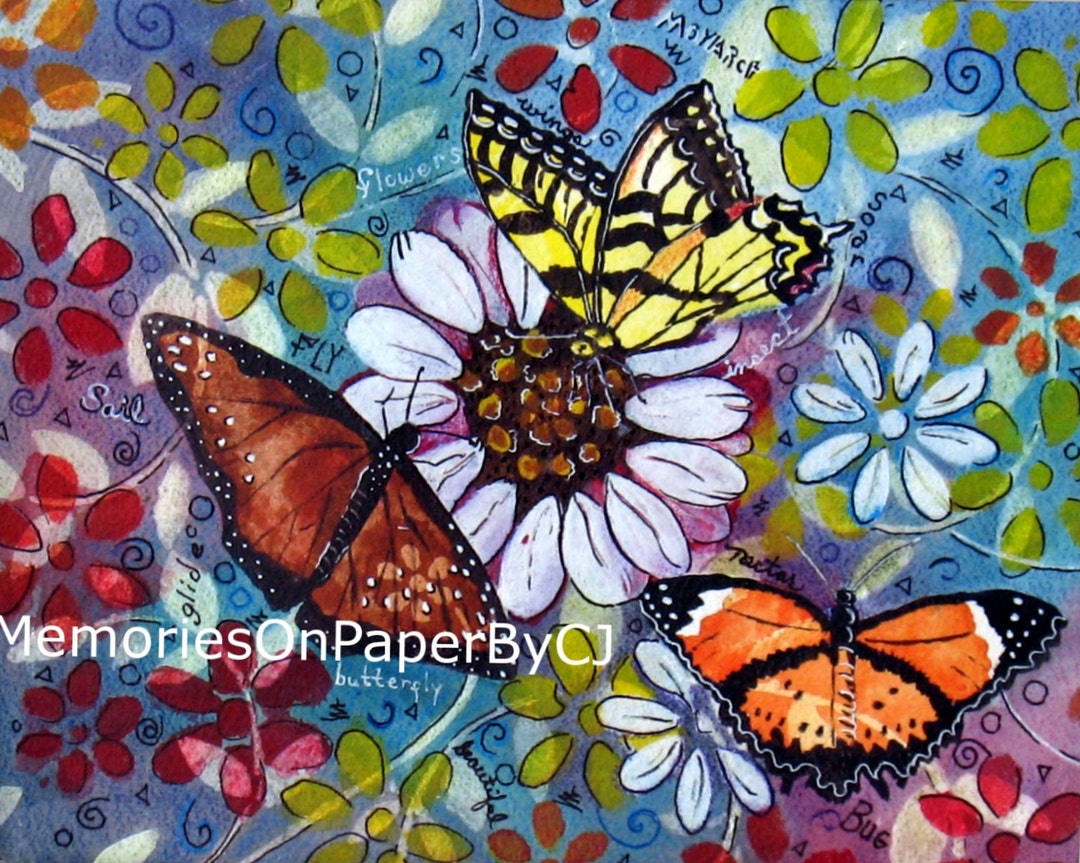 Butterfly Mixed Media Painting: Floral Garden Decor, 8x10\, image size:1080x863