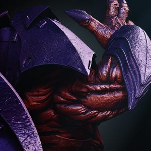 May include: A close-up of a muscular, reddish-brown arm with textured skin, partially covered by dark purple, segmented armor. The armor has a metallic appearance with visible scratches and rivets, suggesting a battle-worn aesthetic. The background is a dark gradient.