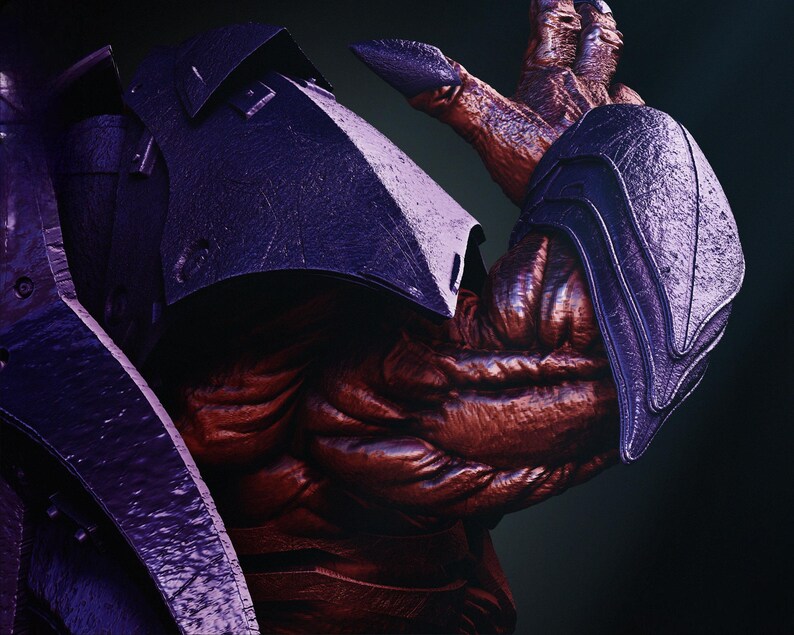 May include: A close-up of a muscular, reddish-brown arm with textured skin, partially covered by dark purple, segmented armor. The armor has a metallic appearance with visible scratches and rivets, suggesting a battle-worn aesthetic. The background is a dark gradient.