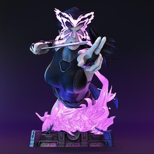 May include: A bust of a character with a butterfly-shaped mask and a sword. The figure is wearing a black and blue outfit and is surrounded by a glowing purple flame effect. The bust is set against a dark purple background.