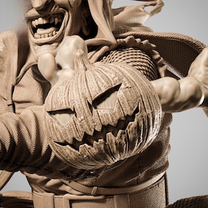 May include: A detailed sculpture of a menacing figure holding a carved pumpkin. The figure has a sinister grin, sharp teeth, and is wearing a textured costume. The pumpkin has a carved face with triangular eyes and a jagged mouth, perfect for Halloween.