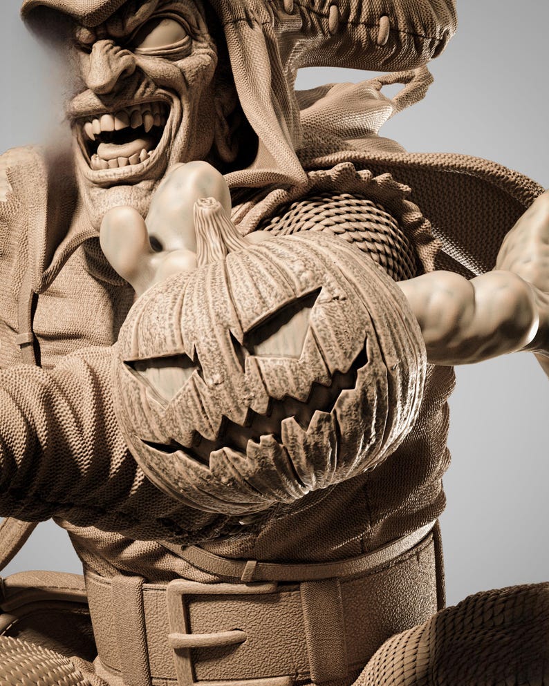May include: A detailed sculpture of a menacing figure holding a carved pumpkin. The figure has a sinister grin, sharp teeth, and is wearing a textured costume. The pumpkin has a carved face with triangular eyes and a jagged mouth, perfect for Halloween.