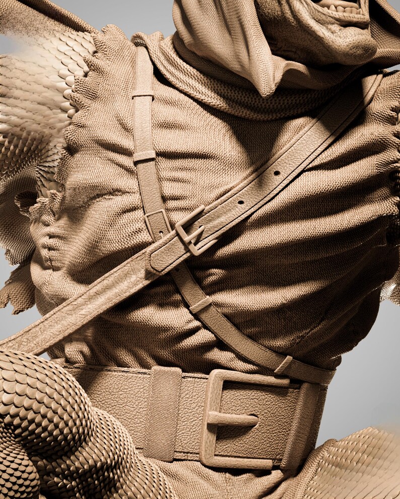 May include: A detailed sculpture of a creature wearing a textured fabric outfit with leather straps and a belt. The creature's skin has a scale-like pattern, and the overall color palette is a muted brown.