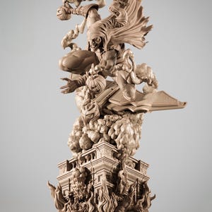 May include: A detailed, sepia-toned statue of the Green Goblin from Spider-Man. The figure is mid-flight, with a pumpkin bomb in hand, atop a detailed base with flames and the words "The Amazing Spider-Man."