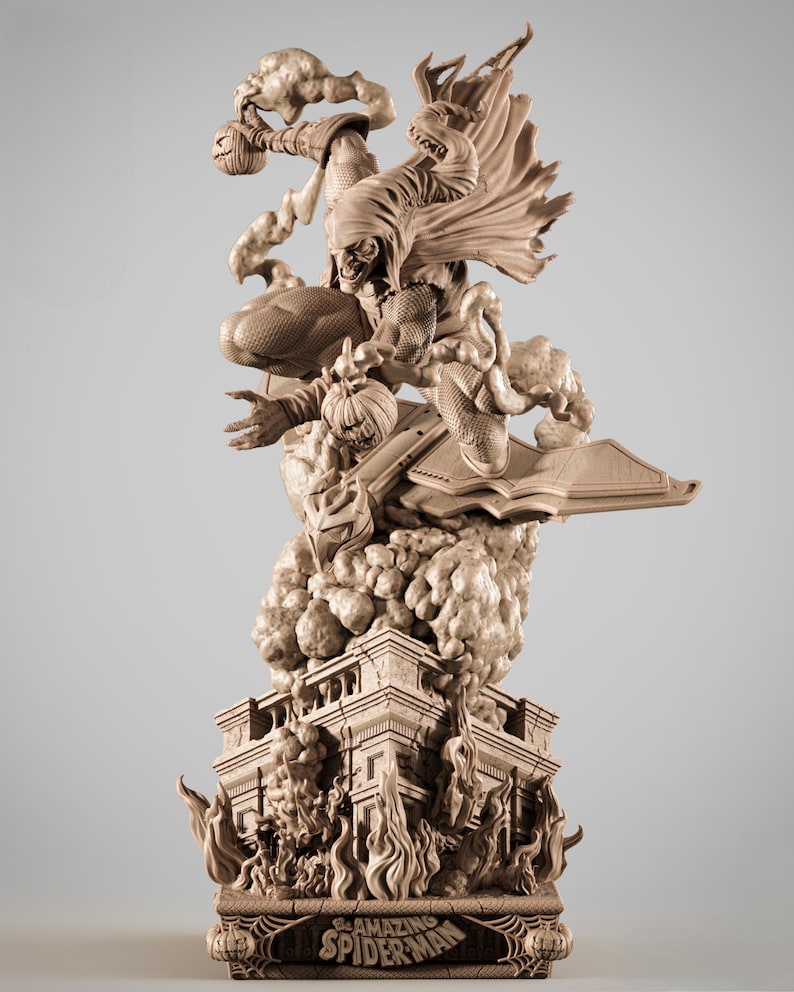 May include: A detailed, sepia-toned statue of the Green Goblin from Spider-Man. The figure is mid-flight, with a pumpkin bomb in hand, atop a detailed base with flames and the words "The Amazing Spider-Man."