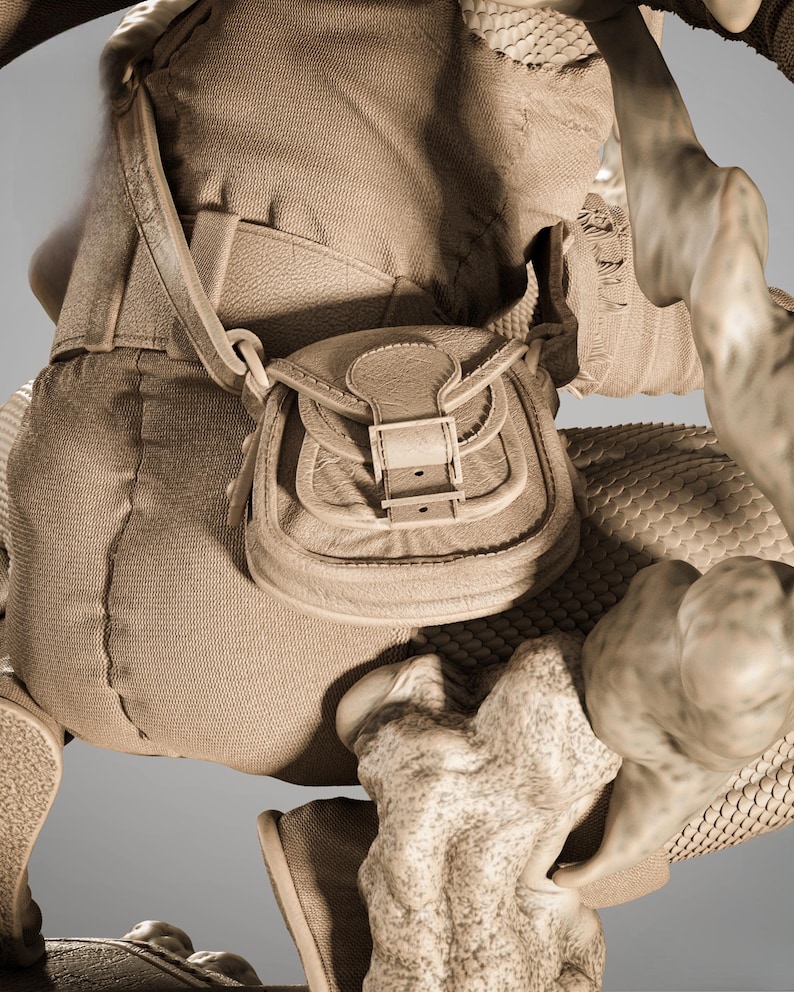 May include: A detailed view of a tan leather satchel with a buckle closure and a shoulder strap. The satchel is attached to a larger, textured, tan fabric structure. The image has a sepia tone.