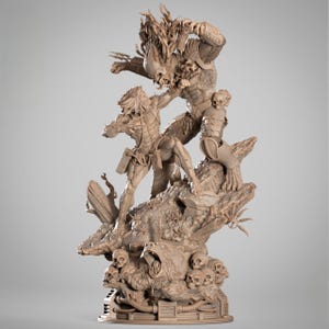 Könnte beinhalten: Detaillierte Skulptur, die eine Kampfszene zwischen zwei Predator-Figuren darstellt. Die Figuren sind aufwendig in einem hellbraunen Farbton modelliert und stehen auf einem Sockel mit Schädeln und einem Bären. Die dynamische Pose fängt die Intensität des Kampfes ein.