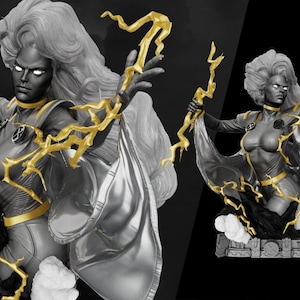 May include: A statue of a female figure with gray skin, white hair, and a flowing cape. The figure is adorned with gold accents and holding golden lightning bolts. The statue is set against a black background.