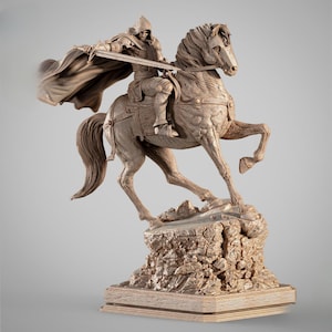 May include: A detailed sculpture of a knight on horseback, poised with a sword. The figure is clad in armor and a flowing cape, mounted on a rearing horse. The sculpture is a neutral beige color and is mounted on a rocky base.