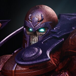 May include: A detailed digital rendering of a character's head and shoulders, featuring a skull face with glowing green eyes. The character wears a textured, maroon helmet and purple armor, with a dark background.