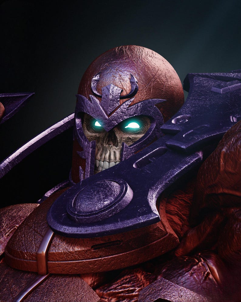 May include: A detailed digital rendering of a character's head and shoulders, featuring a skull face with glowing green eyes. The character wears a textured, maroon helmet and purple armor, with a dark background.
