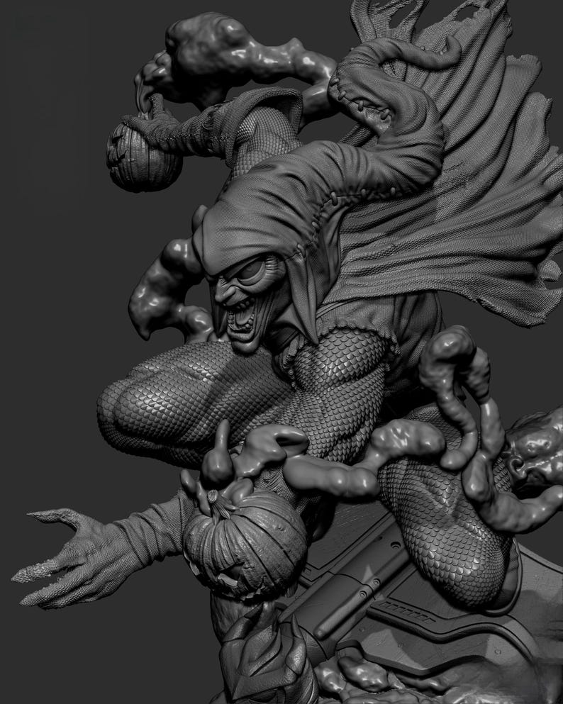May include: A grayscale sculpture of the Green Goblin, a comic book villain, in a dynamic pose. The figure is detailed with a menacing expression, a hooded cloak, and pumpkin bombs. The sculpture has a textured, scaly appearance.