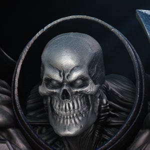 May include: A detailed, close-up image of a metallic skull with glowing white eyes. The skull is framed by a dark, circular structure and set against a dark background. The image has a gothic or fantasy theme.