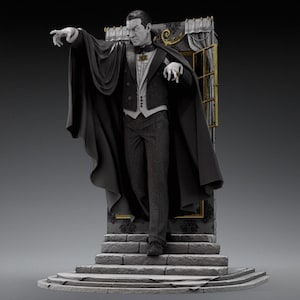 May include: A detailed statue of a man in a black suit and cape, posed dramatically. The figure stands on a stone staircase, with a backdrop suggesting a gothic setting. The statue has a classic, vintage aesthetic.