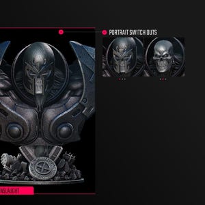 May include: A detailed bust of a character with a skull-like face and armored shoulders. The figure is primarily dark gray with metallic accents. The base features debris and a circular emblem. The word "ONSLAUGHT" is displayed in a red box.