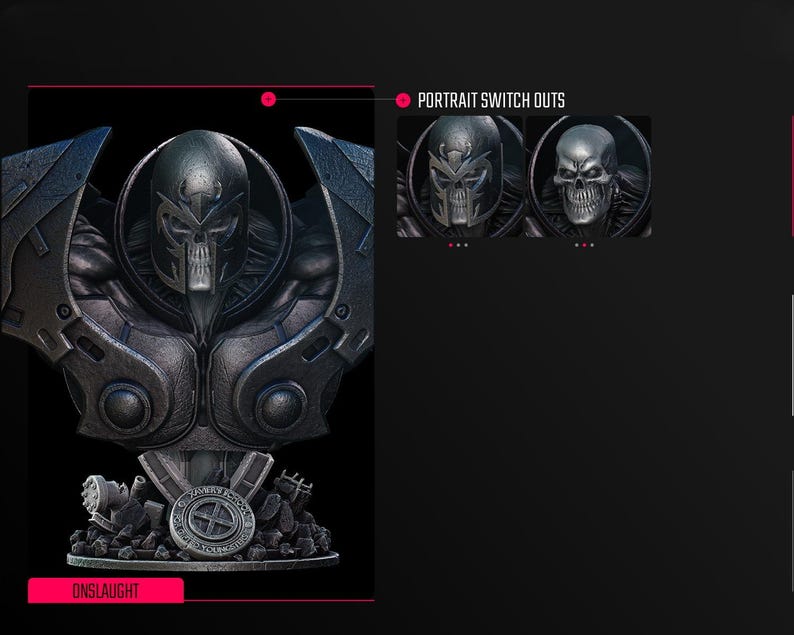 May include: A detailed bust of a character with a skull-like face and armored shoulders. The figure is primarily dark gray with metallic accents. The base features debris and a circular emblem. The word "ONSLAUGHT" is displayed in a red box.